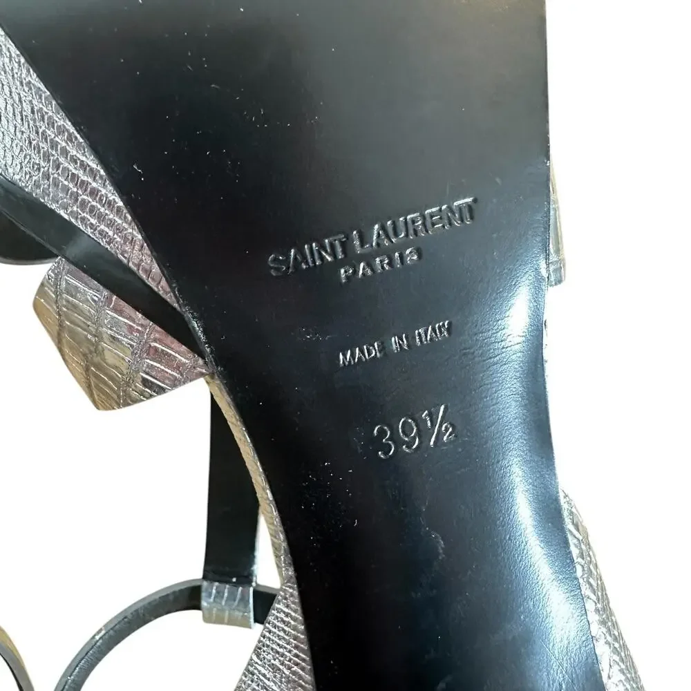 Saint Laurent Tribute Silver Embossed Leather Platform High Heel Sandals 39.5 - Picture 10 of 13